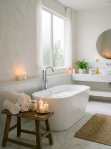 White spa-inspired bathroom with calming decor and a clean relaxing atmosphere