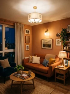 Layered lighting in a small living room adding depth and cozy atmosphere