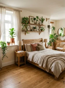 Natural elements in a luxury bedroom adding warmth and freshness