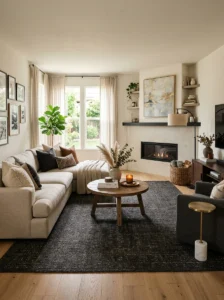 Dark rug grounding a cozy and stylish living room design