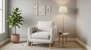 White chair with wooden legs adding warmth to a minimalist space