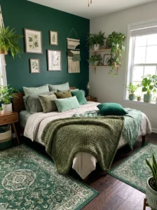 bedroom with mixed green tones creating a layered cohesive design