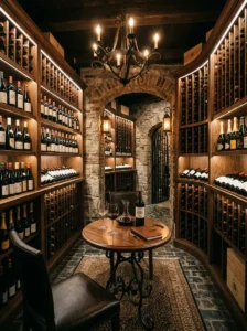 “Basement wine cellar with wooden racks and soft lighting”