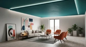 Painted ceiling adding a unique colorful touch to a living room