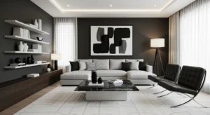 Balanced black living room with intentional styling and contrast