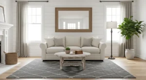 Simple farmhouse decor creating calm and cozy space