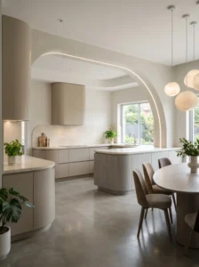 Kitchen cabinets with curved edges for a soft modern design