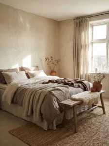 Natural linen and soft brown bedroom with relaxed cozy aesthetic
