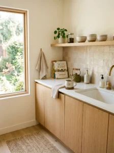Scandinavian kitchen with simple personal decor creating a warm and inviting space