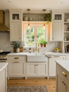 Kitchen with metallic accents gold hardware modern design