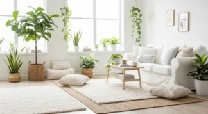 Minimalist white living room with textures and plants for a cozy feel