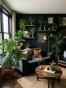 Green plants in dark living room creating fresh contrast and natural vibe