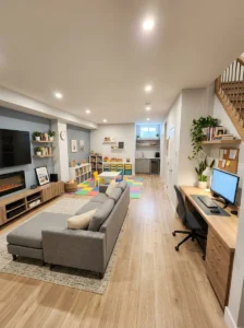 “Multipurpose basement family room with TV and workspace”