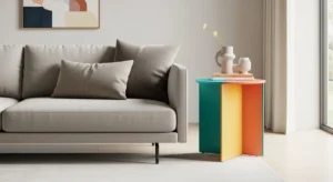 Colorful side table adding contrast to a neutral living room