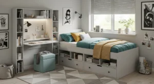 Multi functional furniture maximizing space in a teen bedroom
