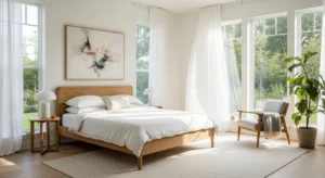 White bedroom with large windows creating a bright open feel