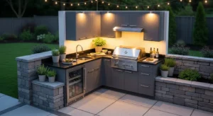 Small corner outdoor kitchen maximizing backyard space