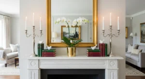 Symmetrical fireplace mantle decor setup