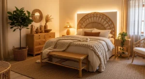 Rattan furniture adding a natural boho touch to a bedroom