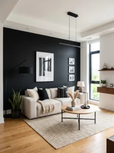 Matte black accent wall in modern living room with neutral furniture and minimalist decor
