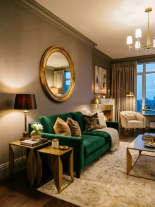 Green couch with gold accents luxury living room design