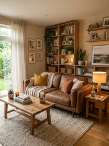 Brown couch living room with warm wood furniture and natural tones