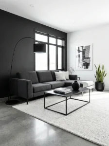 Grey couch living room with black accents and modern contrast design