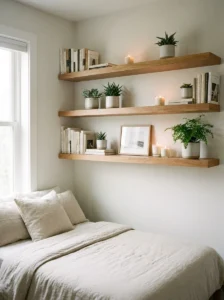 Floating shelves in small bedroom for stylish vertical storage