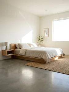 Minimalist men’s bedroom with simple furniture layout and clean open space design