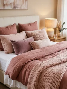 Layered pink bedding with mixed textures and soft cozy bedroom styling