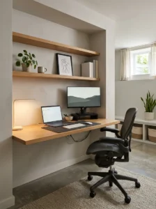 “Minimalist basement home office with simple desk and soft lighting”