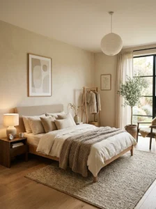 Neutral Japandi bedroom with warm beige and soft layered tones