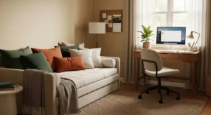 Daybed used as seating and bed in a guest room office combo