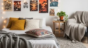 Gallery wall with posters adding personality to a teen bedroom