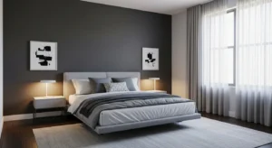 Dark grey accent wall adding depth to a modern bedroom