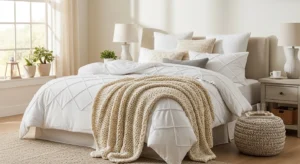 White textured bedding adding depth to a minimalist bedroom