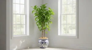 Living room corner with tall indoor plant