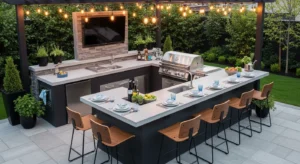 Outdoor kitchen with bar seating for entertaining guests