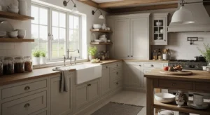 Farmhouse sink acting as a centerpiece in a rustic kitchen