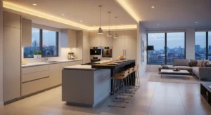 Kitchen island dividing space while maintaining openness