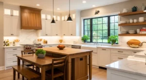 White cabinets with wood accents adding warmth