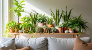 Behind sofa table decorated with indoor plants
