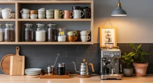 Open shelving coffee bar with organized display