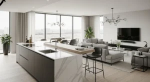 Kitchen island dividing living room and kitchen space