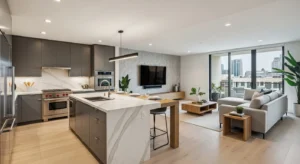 Kitchen island dividing space while keeping it open