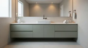 Green vanity acting as a focal point in bathroom