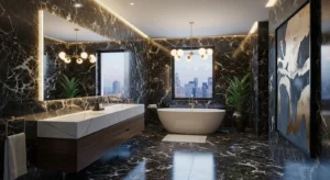 Dark marble adding luxury to bathroom