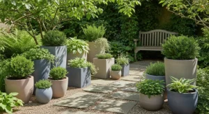 Neutral pots creating a clean modern garden