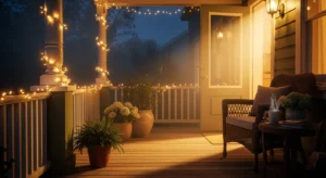 Warm lighting creating inviting porch ambiance