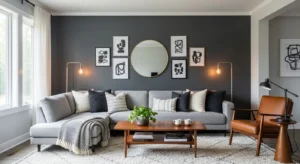 Dark grey accent wall adding depth